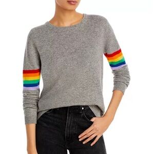 Jumper Gray Cashmere Crew Neck Pull Over Sweater with Rainbow Stripe Detail